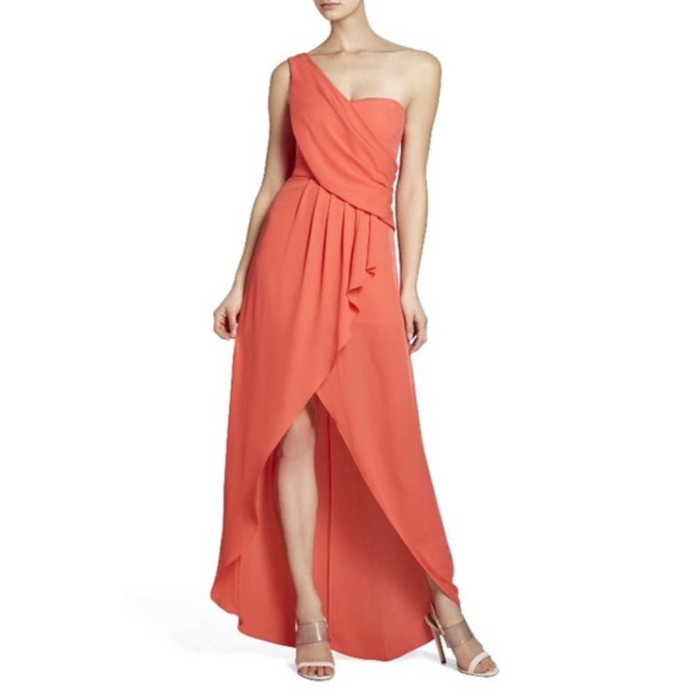 BCBGMAXAZRIA Dress SIZE 0, Draped One Shoulder, Orange Coral Pink, Homecoming
